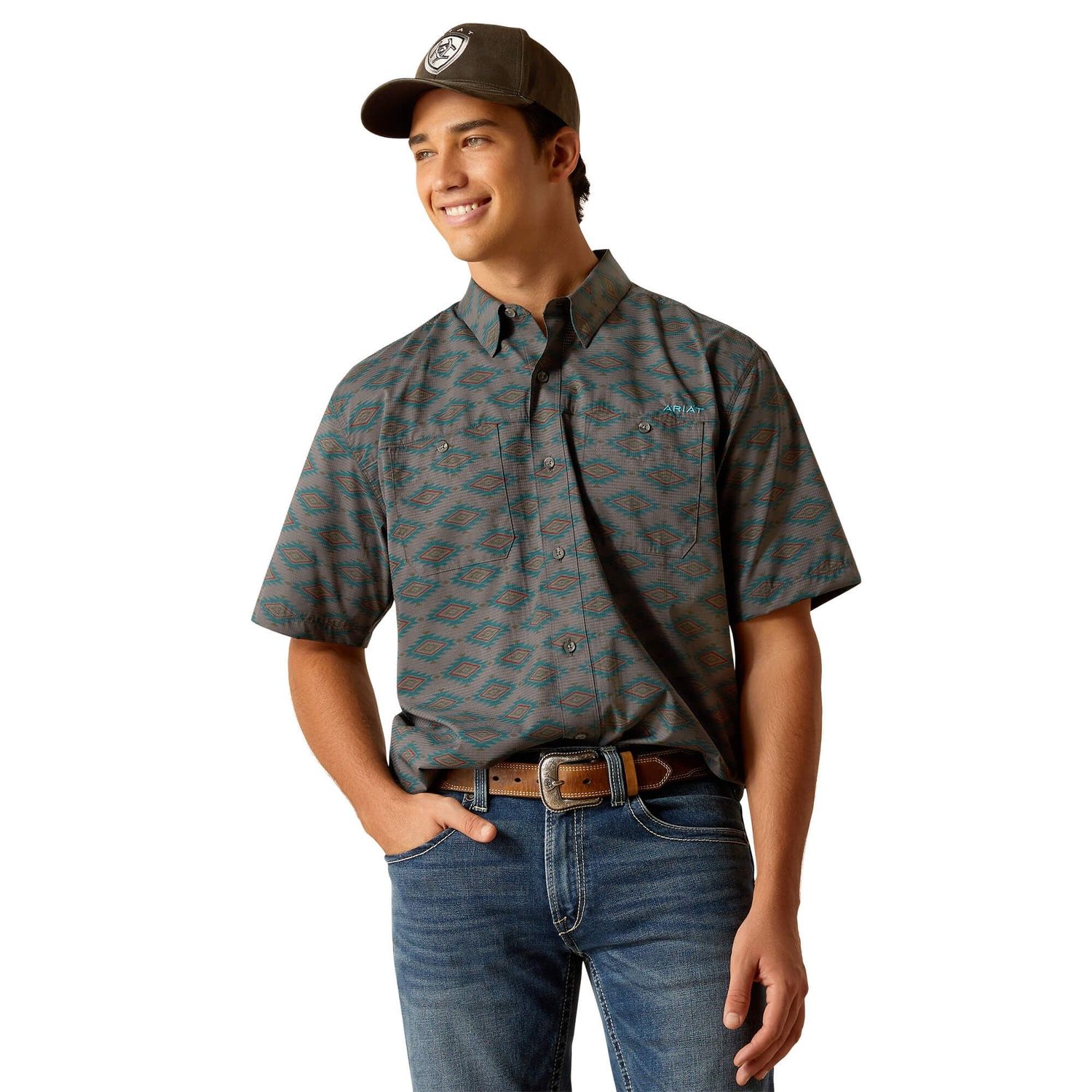 Ariat Men's 360 Airflow Short Sleeve Shirt - Gray Pinstripe, Size: S