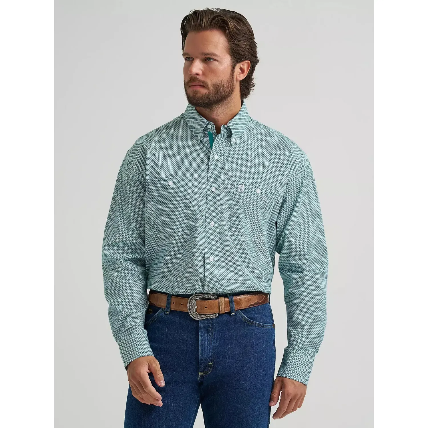 Wrangler Men's George Strait Button Down Long Sleeve 2 Pocket Shirt - Multiple Colours, Colour: Aqua Cross/Teal, Size: 2XT