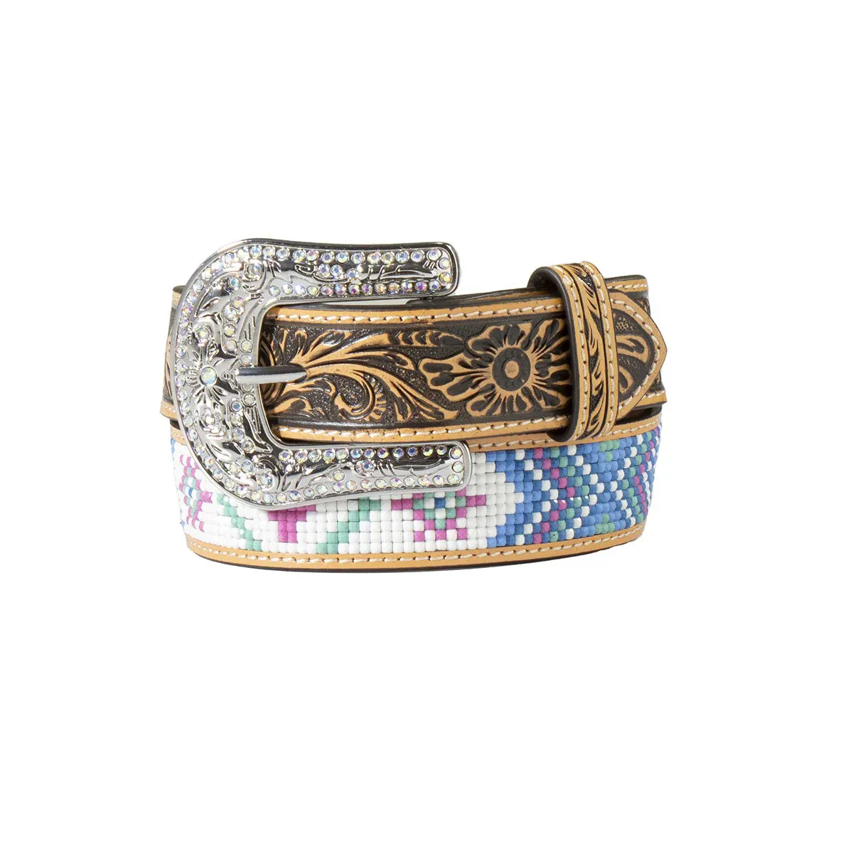 Angel Ranch Girl's Floral Embossed Cactus Beaded Belt - Multi Coloured, Size: 20