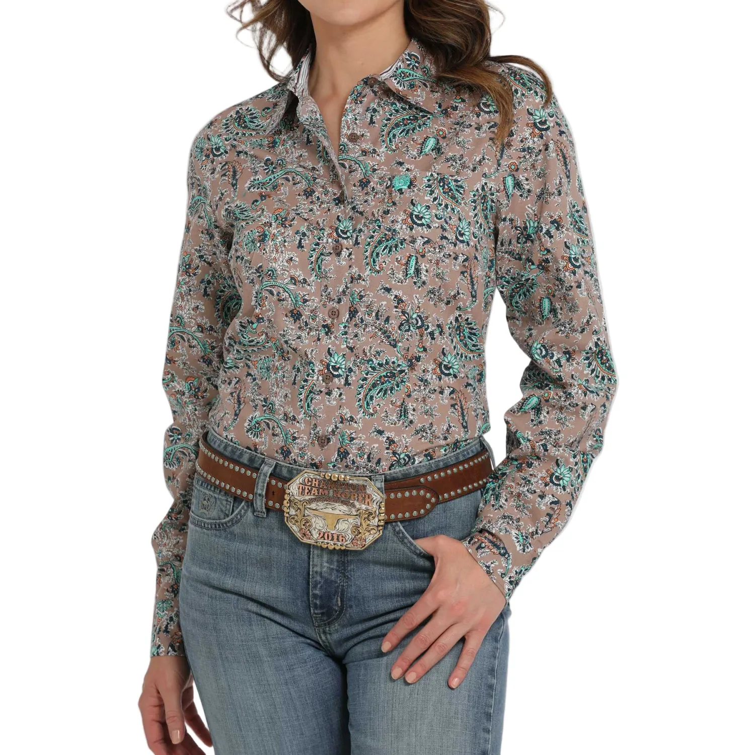 Cinch Women's Long Sleeve Paisley Print Arenaflex Shirt- Brown