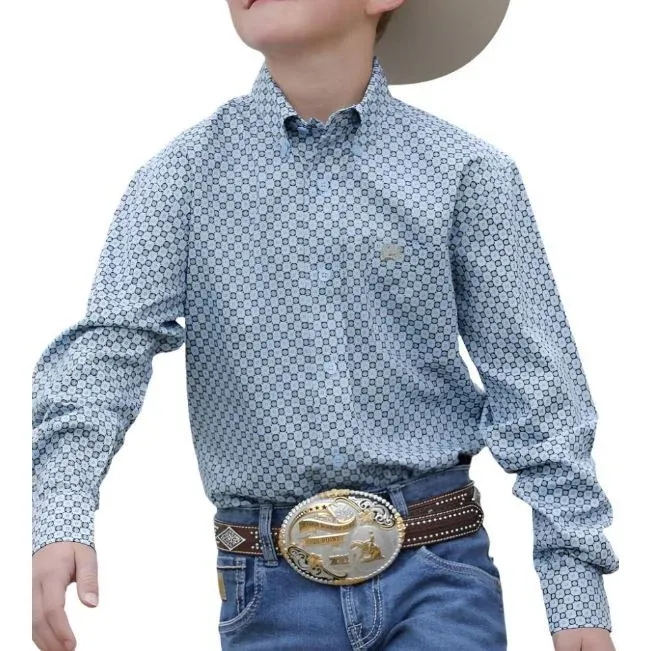 Cinch Boy's Long Sleeve Button-Down Print Shirt - Light Blue