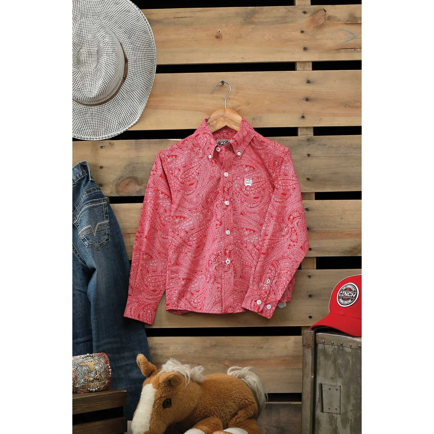 Cinch Boys LS Print Shirt Red, Size: 2T