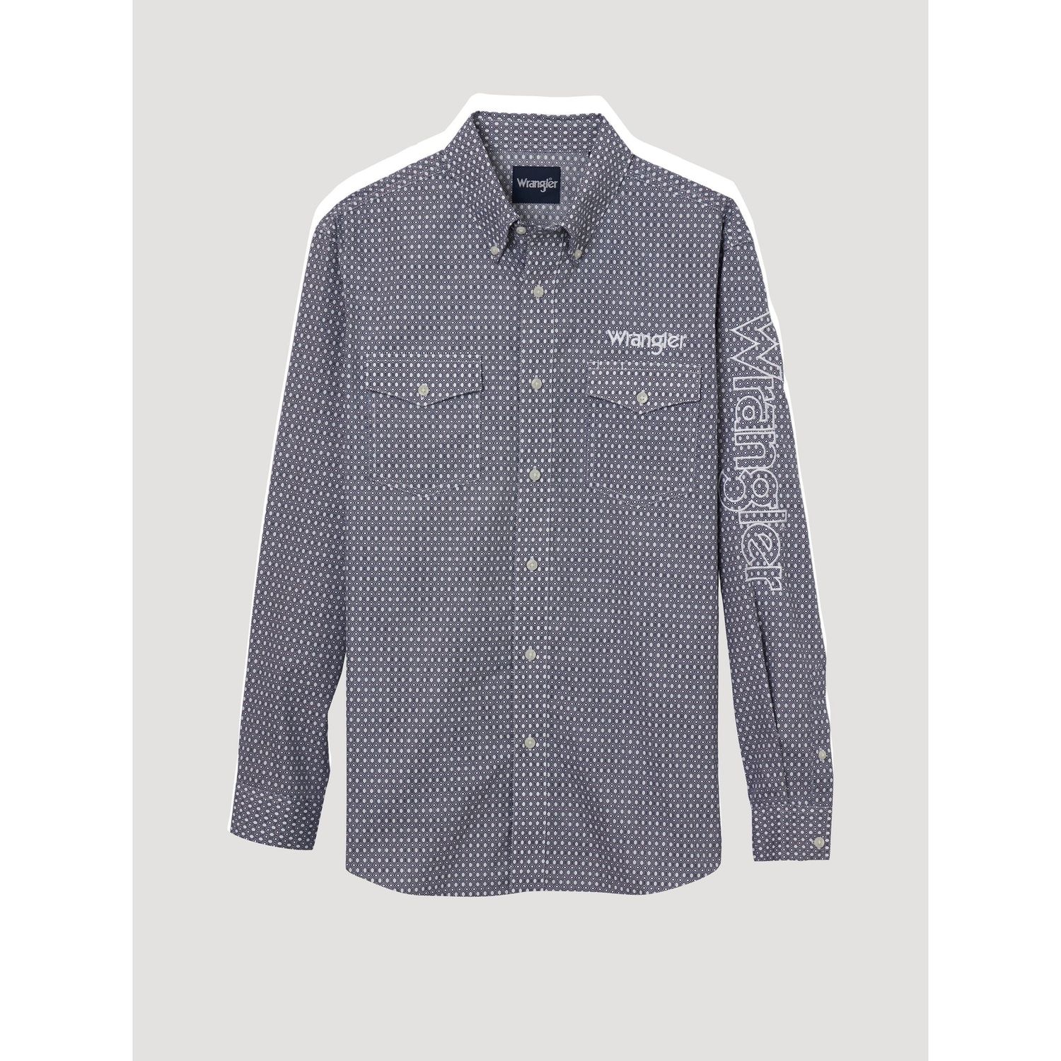Wrangler Men's Logo Long Sleeve Button Down Shirt - Navy