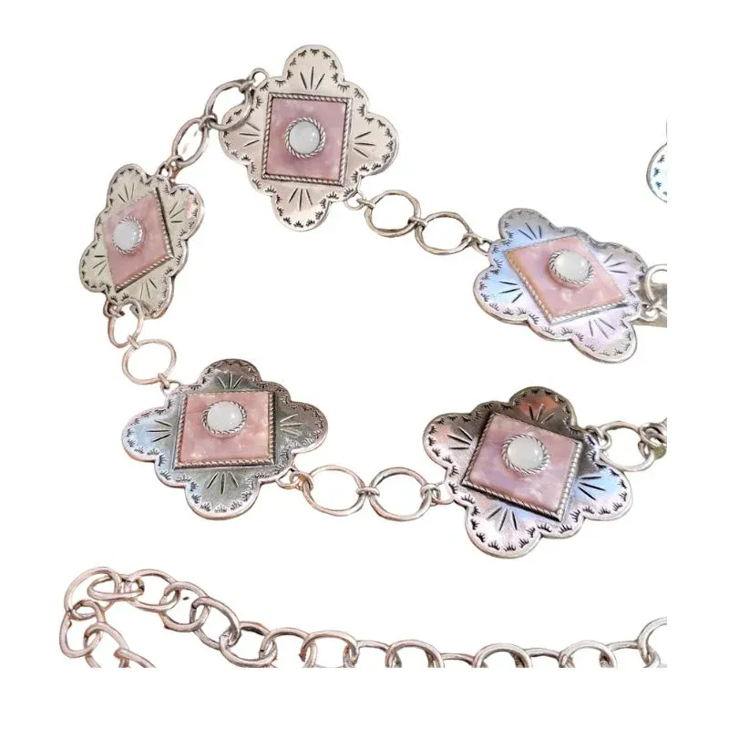 Catchfly Women's Large Pink Opal &amp; Mother of Pearl Concho Belt - Silver
