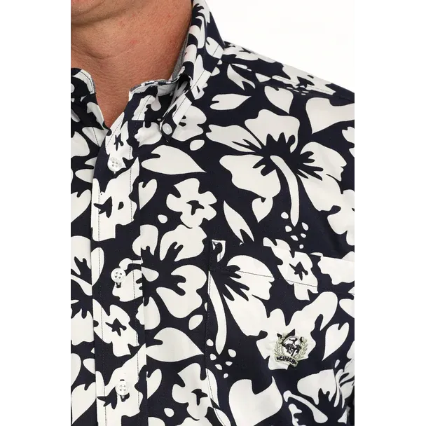 Cinch Men's Long Sleeve Hibiscus Cotton Twill Print Shirt- Navy