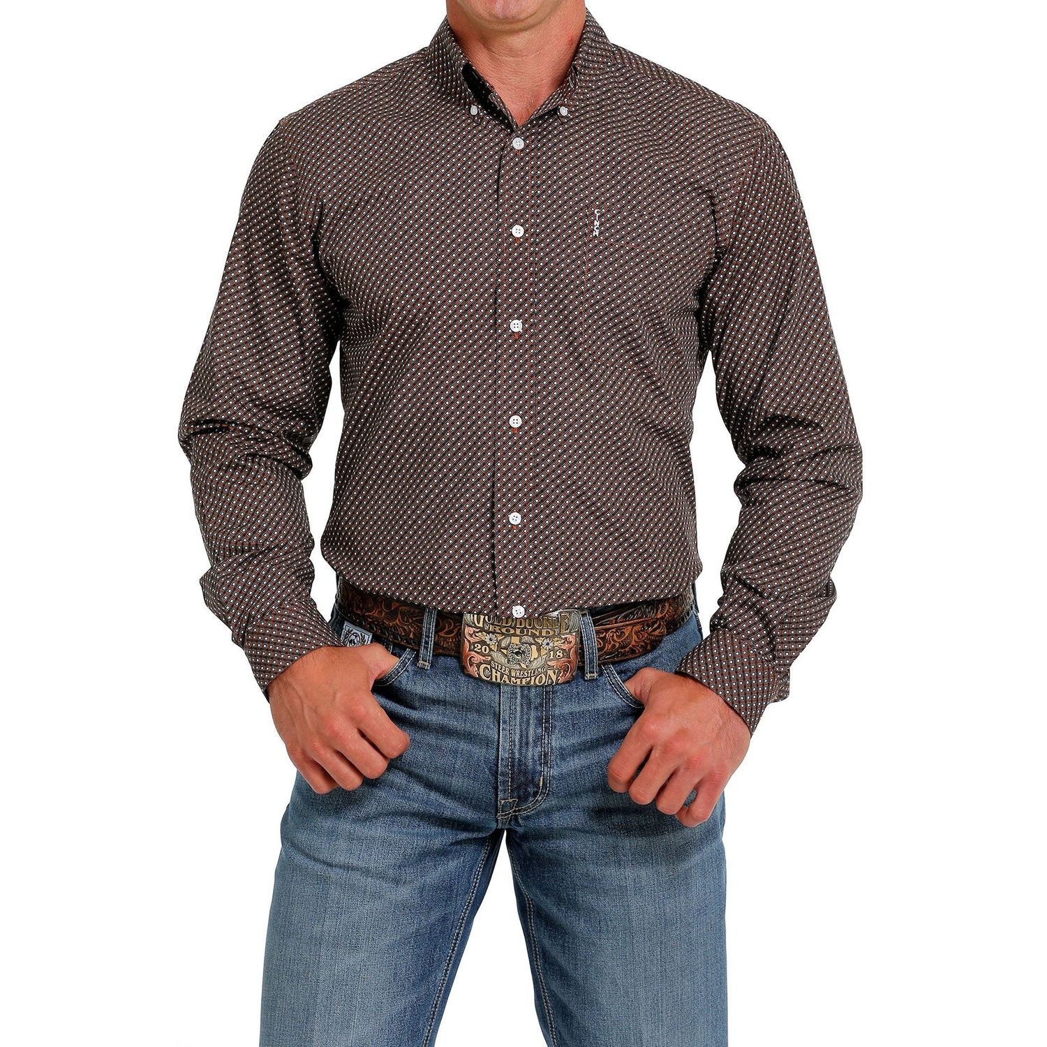 Cinch Men's Modern Fit Button Down Long Sleeve Shirt - Brown, Size: XS