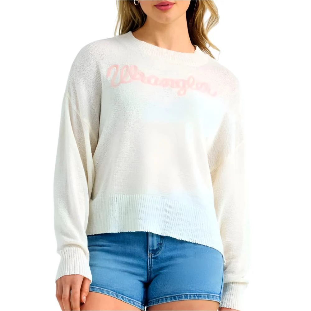 Wrangler Women's Long Sleeve Vintage Retro Logo Crop Sweater- White