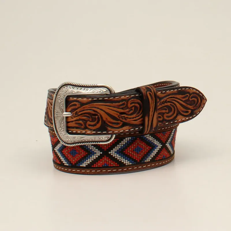 3D Men's Tooled Beaded Inlay Belt - Tan