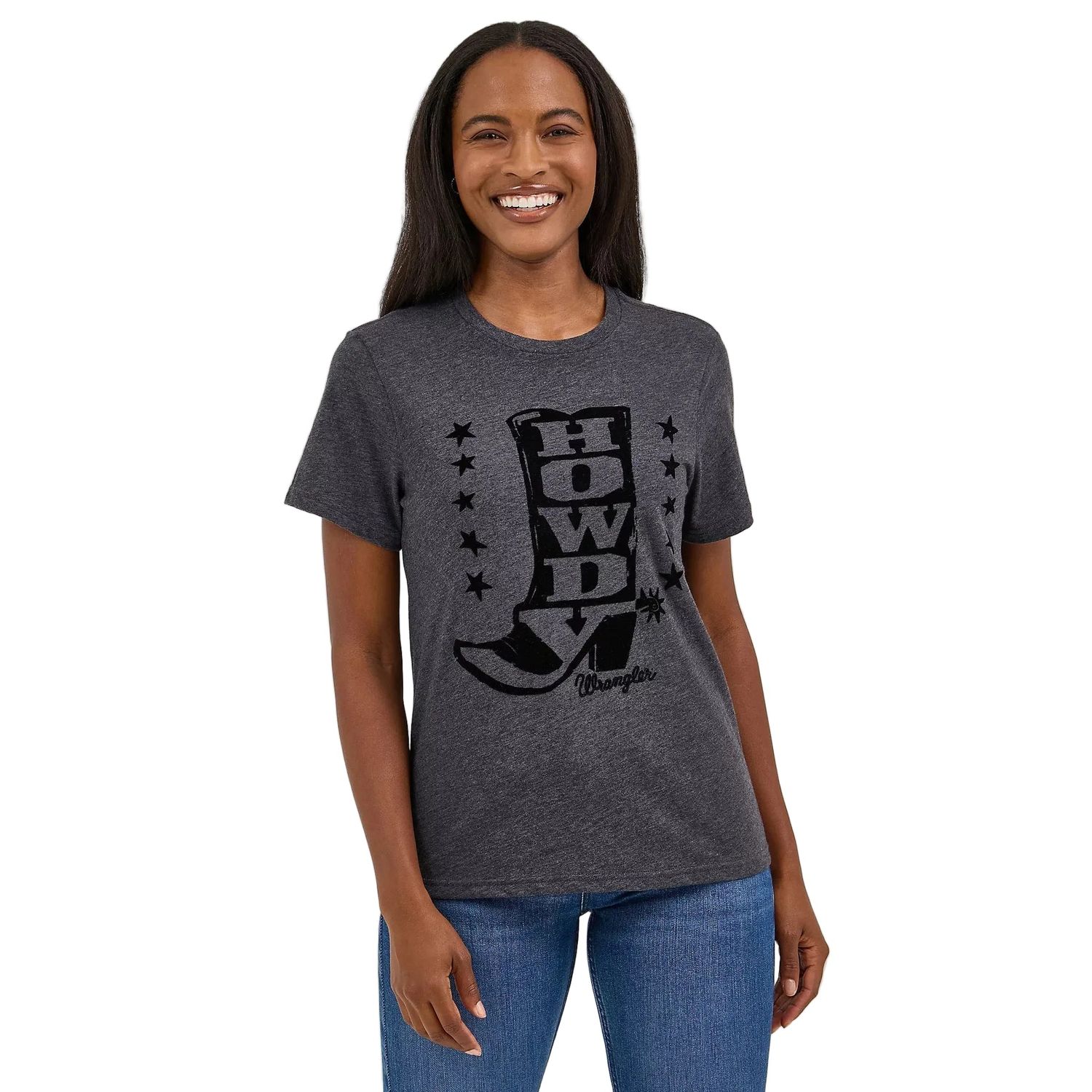 Wrangler Women's Flocked Boot Short Sleeve Tee Shirt- Black Beauty