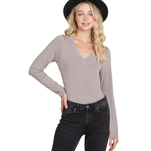 Vanilla Bay V-Neck Long Sleeve Basic Bodysuit, Colour: MOCHA, Size: S
