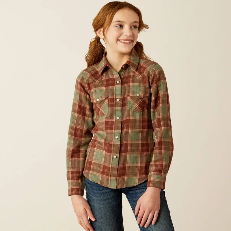 Ariat Girl's Ava Plaid Snap Long Sleeve Shirt- Oakwood, Size: XS
