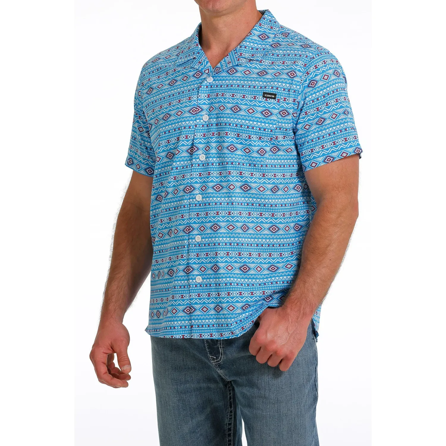 Cinch Men's Tribal Print Short Sleeve Camp Shirt - Turquoise, Size: XS