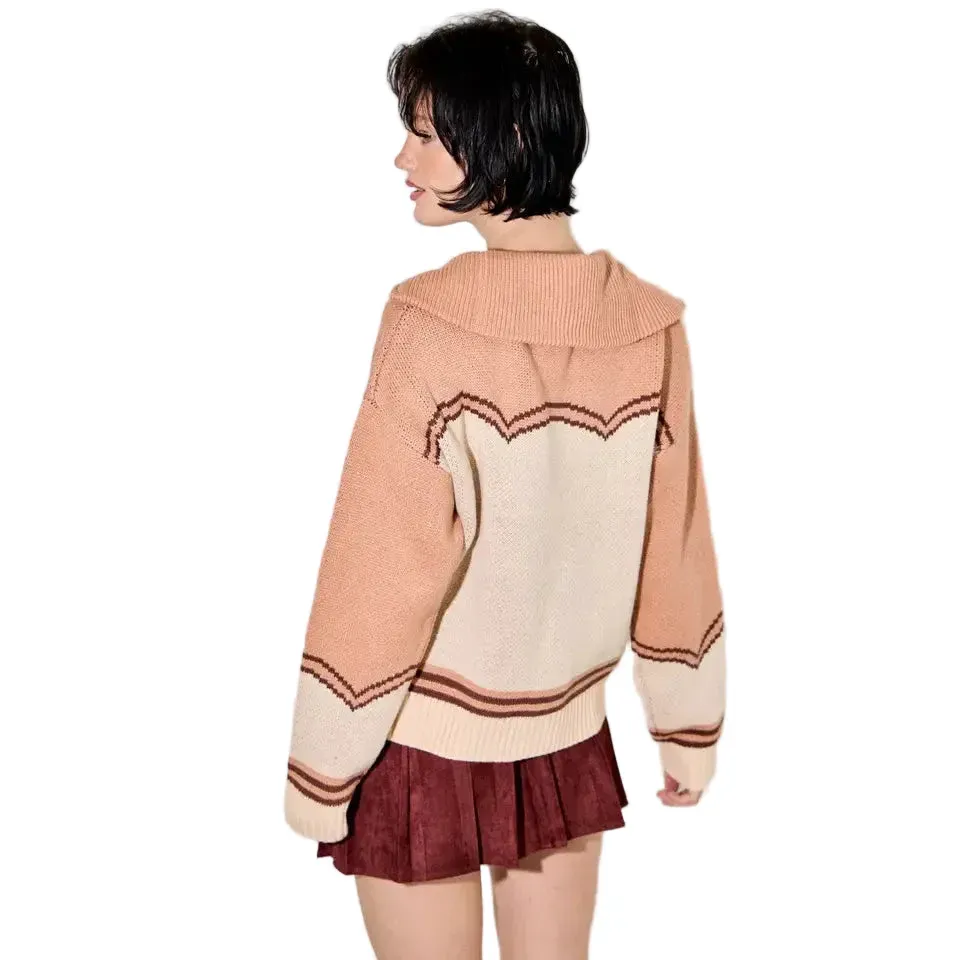 BaeVely Women's Buffalo Intarsia Long Sleeve Zip Up Sweater- Multi