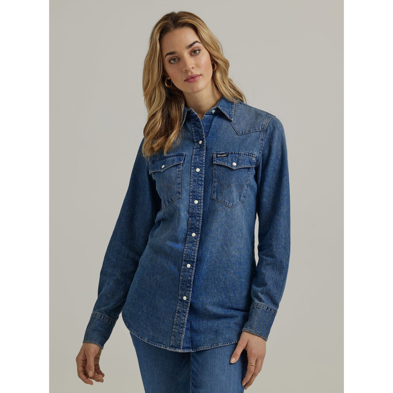 Wrangler Women's Long Sleeve Denim Cowboy Shirt - Dark Wash