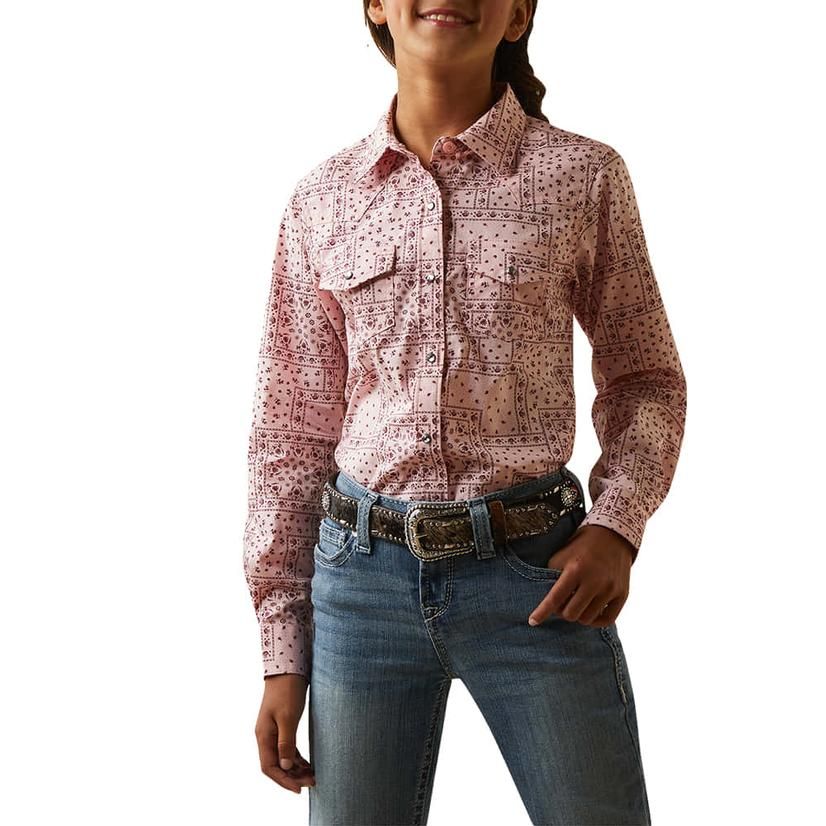 Ariat Girl's Paisley Snap Long Sleeve Shirt - Coral Blush Paisley Print, Size: XS