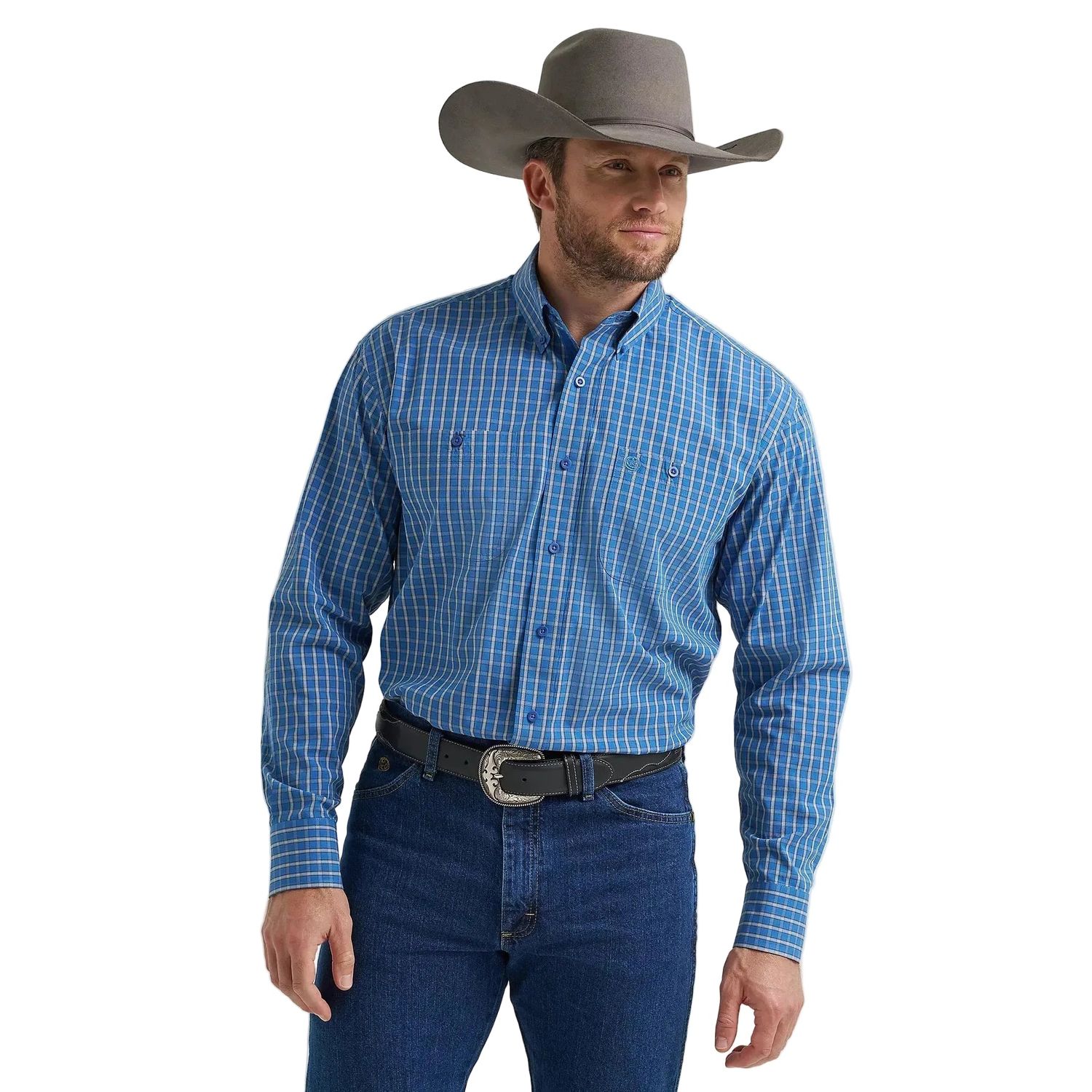 Wrangler Men's George Strait Long Sleeve Button Down Shirt - Cerulean Plaid