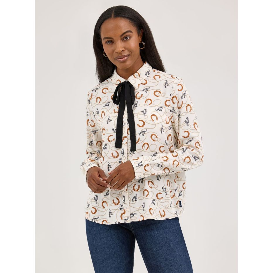 Wrangler Women's Long Sleeve Tie Neck Blouse- White