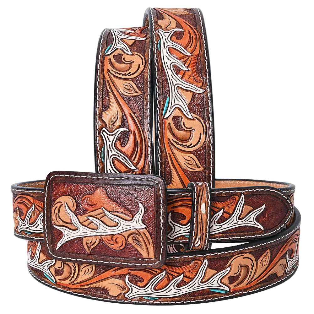 American Darling Tooled Leather Western Belt - White Antler &amp; Scroll Floral Design - Brown