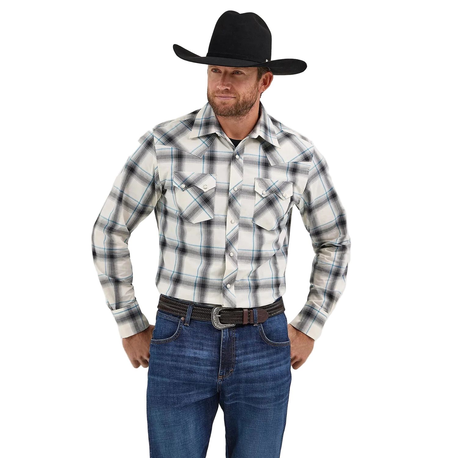 Wrangler Men's Retro Western Sawtooth Snap Pocket Long Sleeve Shirt - Cream Contrast