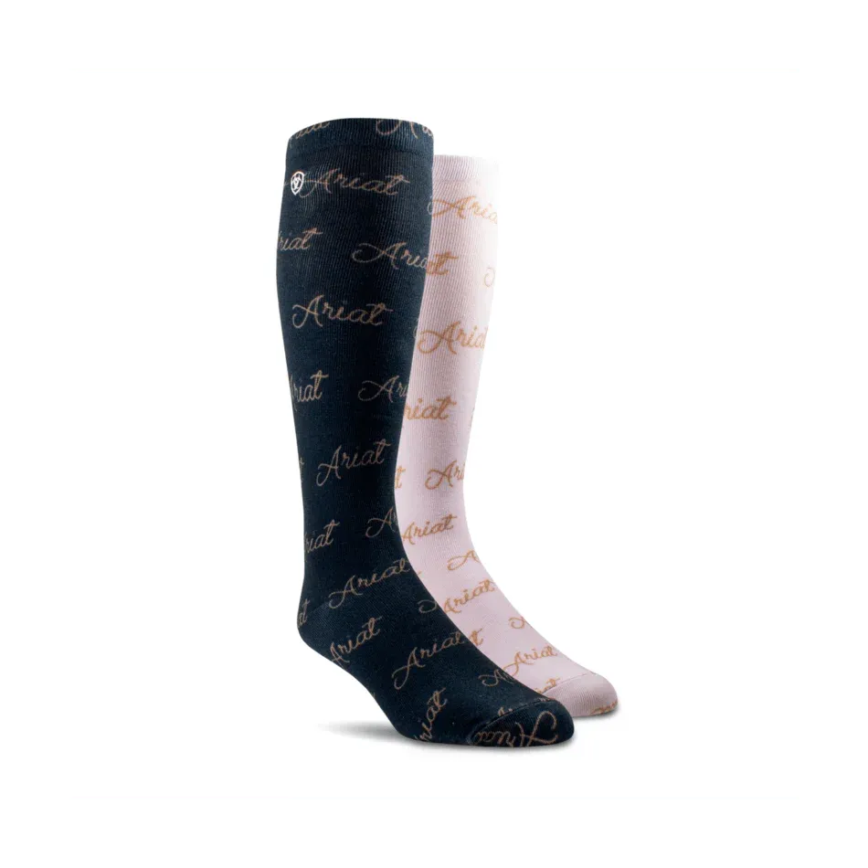 Ariat Script Knee High Socks - Navy/Pale Pink