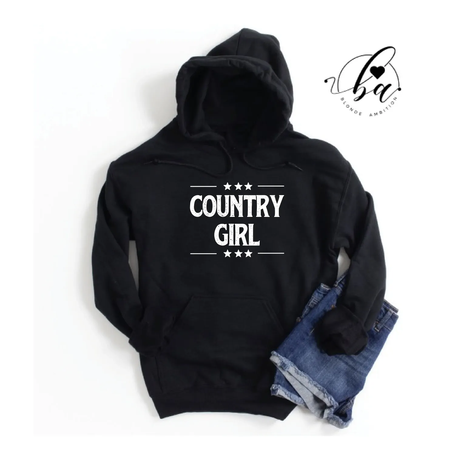 Blonde Ambition Long Sleeve Country Girl Hoodie, Color: Black, Size: XS