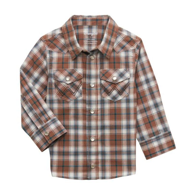Wrangler Baby Boy Western Plaid Long Sleeve Snap Shirt - Brown