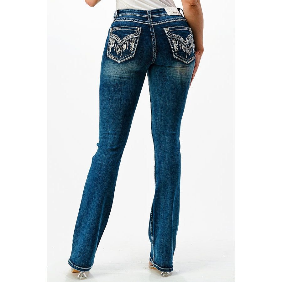 Grace In LA Women's Easy Bootcut Jeans - Feather Faux Flap