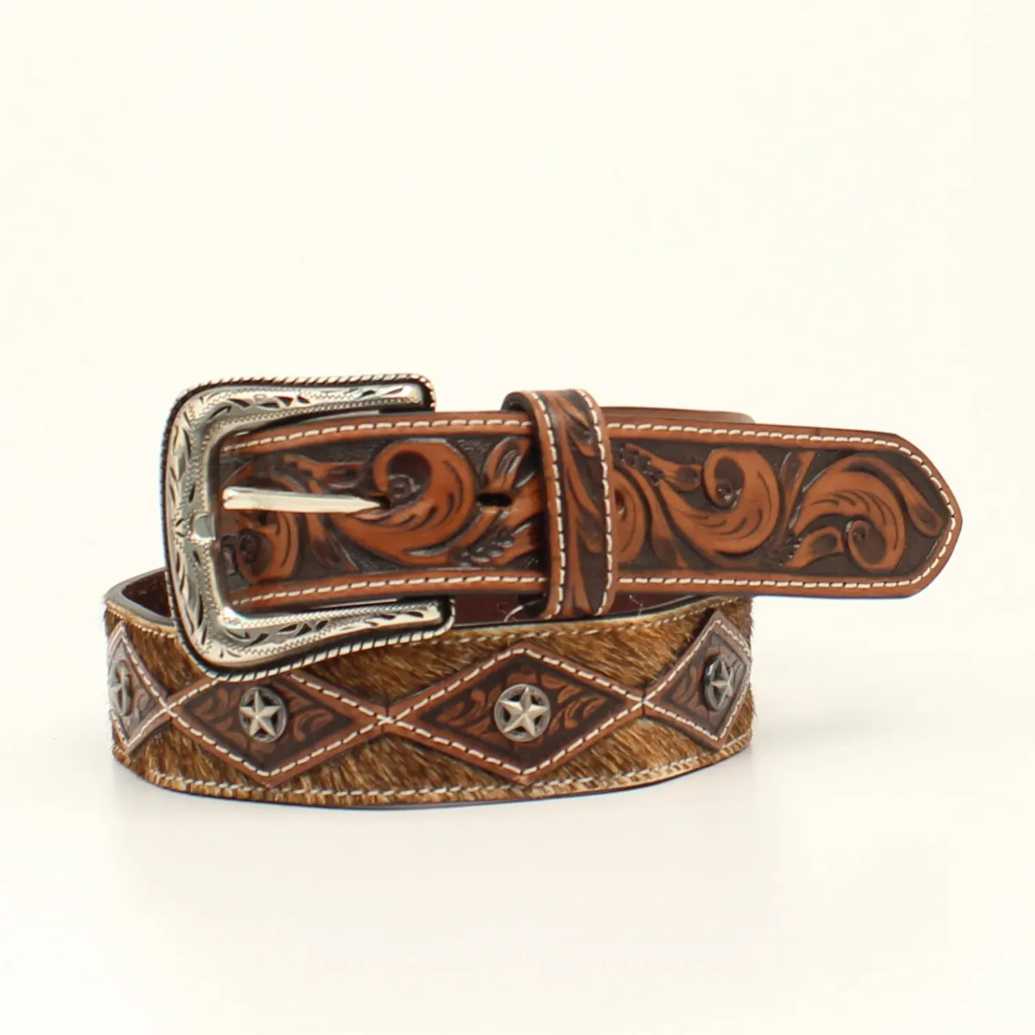 **Ariat Men's Calf Hair Concho Floral Tooled Western Belt - Brown