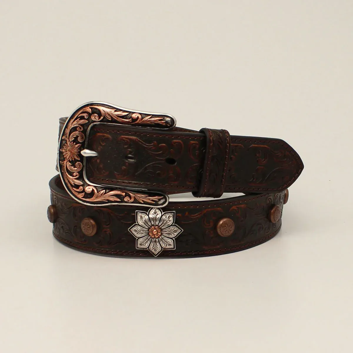 Ariat Women's Leather Floral Embossed Flower Concho Belt - Brown, Size: S