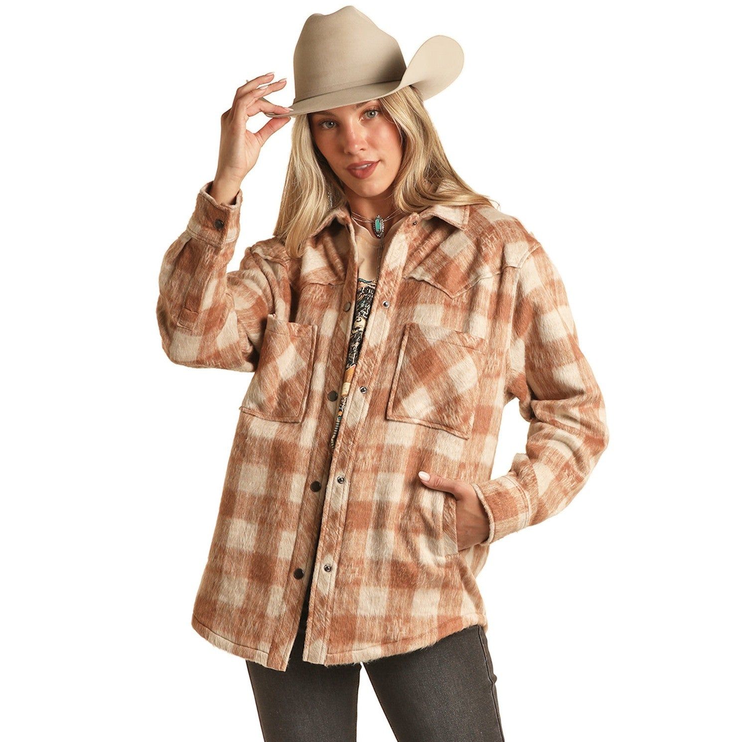 Rock &amp; Roll Women's Western Conversational Shacket - Rust