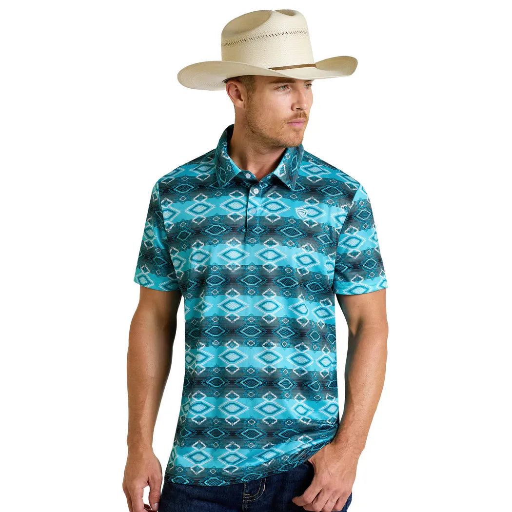 Rock &amp; Roll Aztec Printed Polo- Turquoise