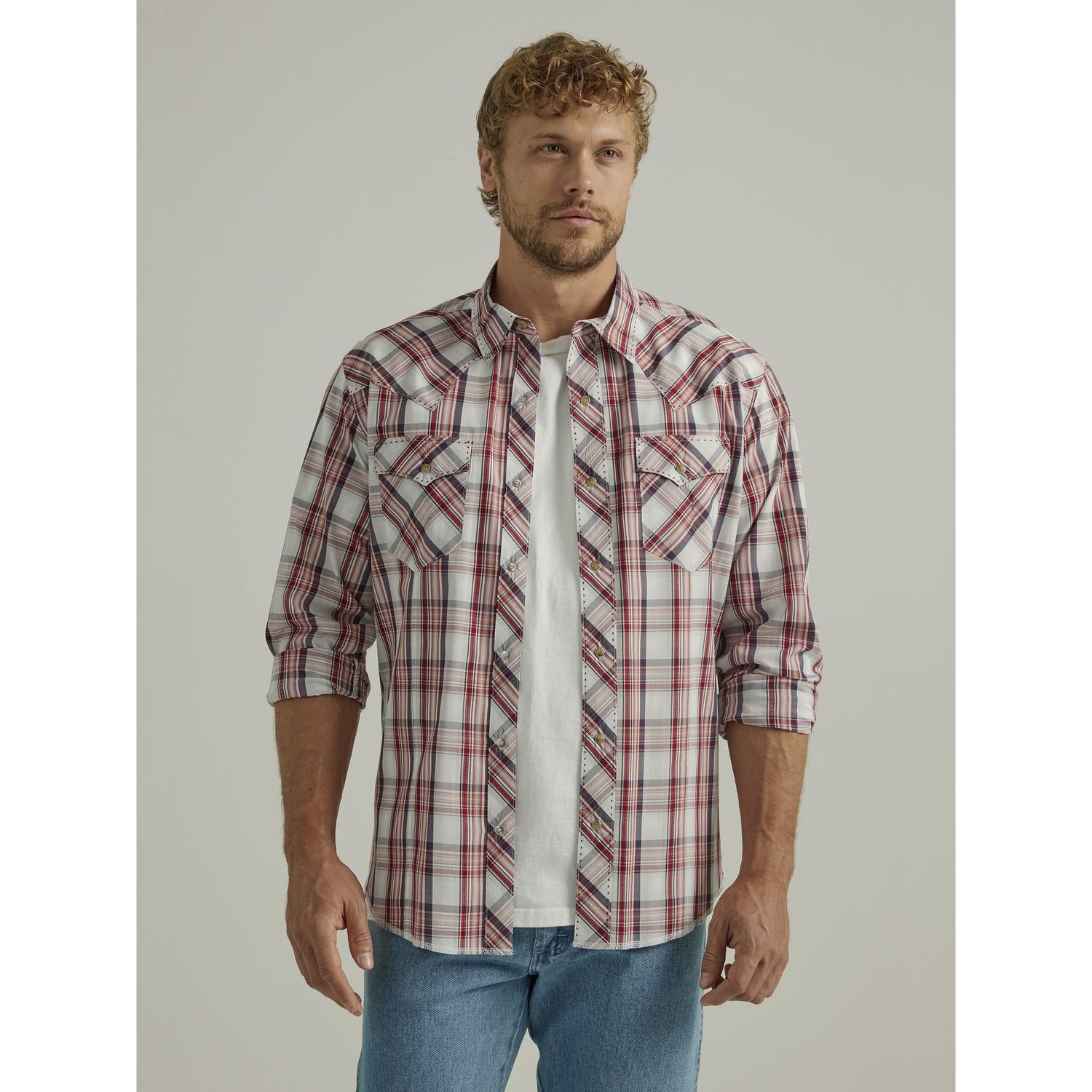 Wrangler Men's Wrinkles Free Long Sleeve Snap Shirt - Red