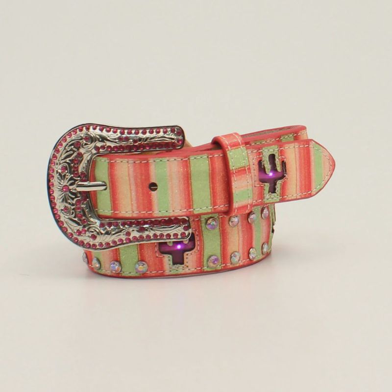 ANGEL RANCH GIRLS BELT 1 1/4 LIGHT UP CACTUS STRIPED PINK