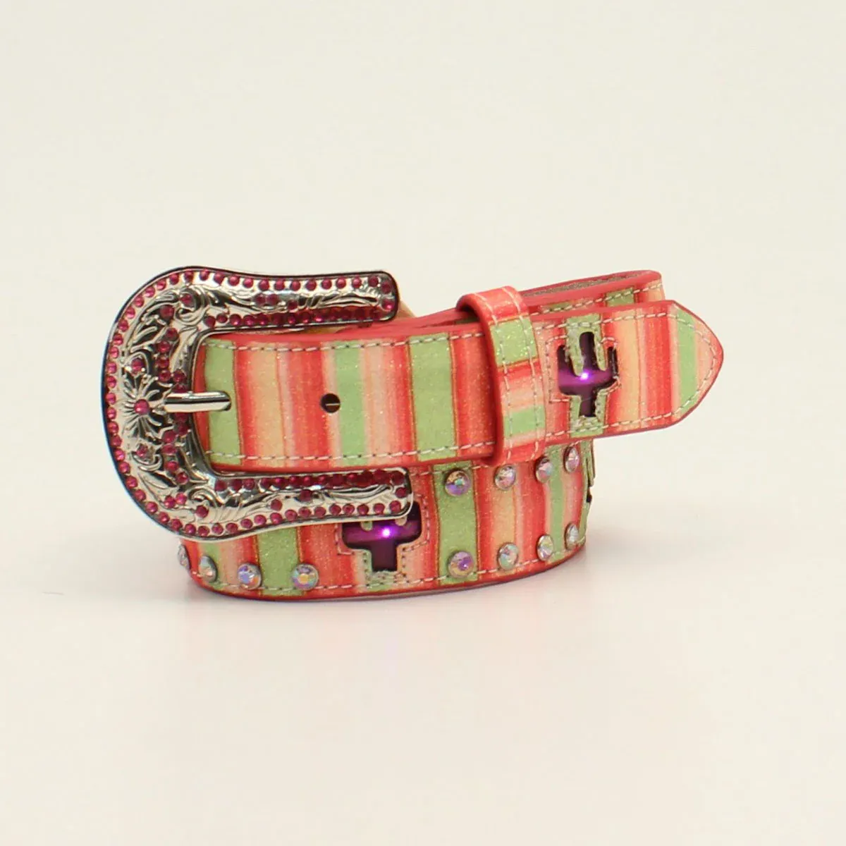 ANGEL RANCH GIRLS BELT 1 1/4 LIGHT UP CACTUS STRIPED PINK