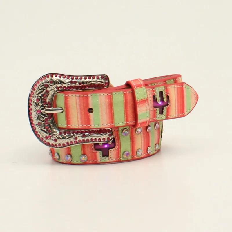 ANGEL RANCH GIRLS BELT 1 1/4 LIGHT UP CACTUS STRIPED PINK