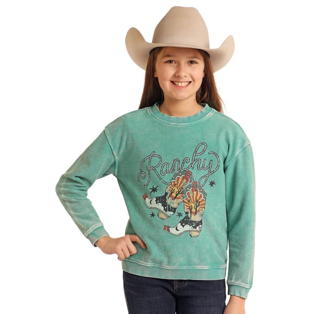 Rock &amp; Roll Girl's Graphic Ribbed Pullover - Turquoise