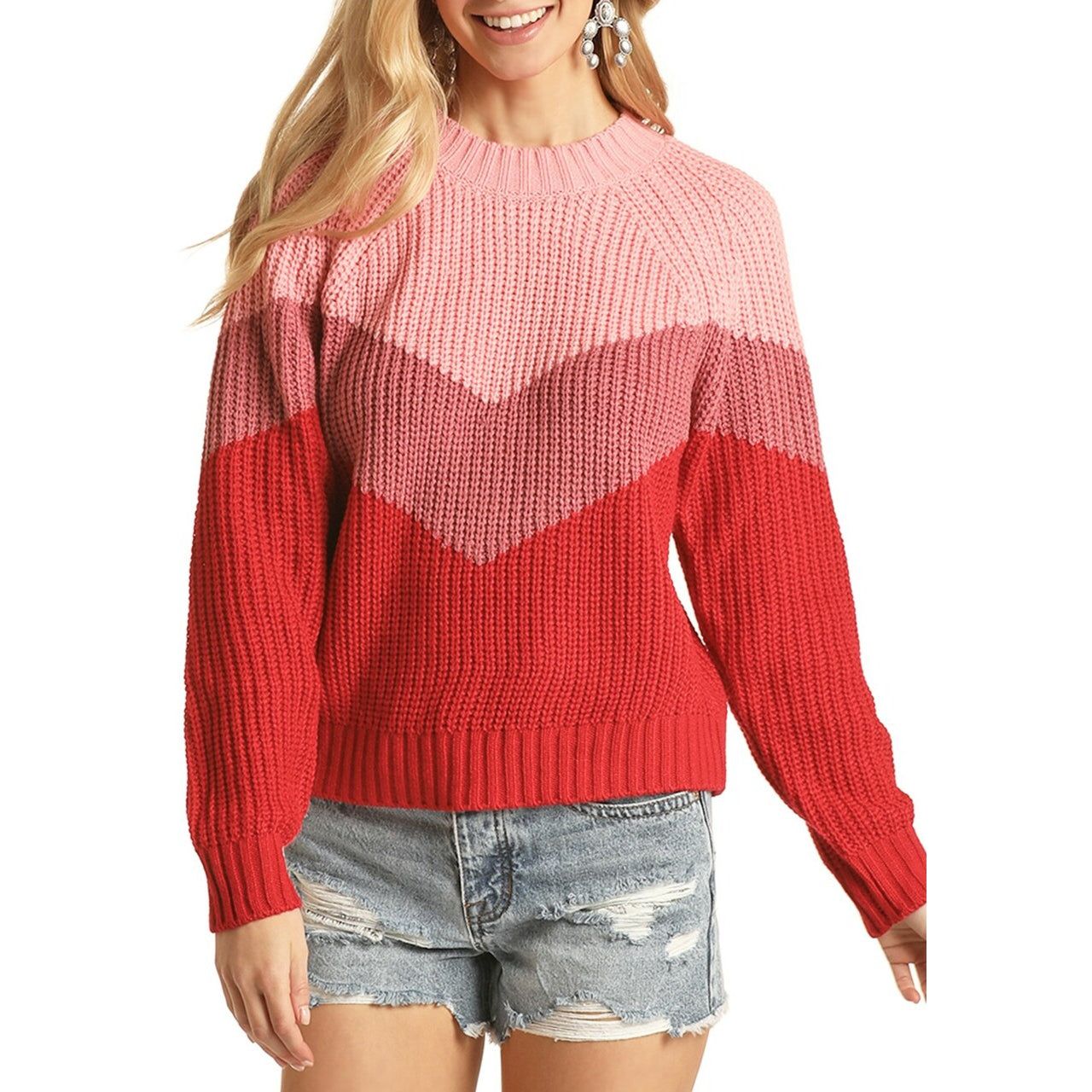Rock &amp; Roll Cowgirl® Ladies Red Chevron Colorblock Sweater