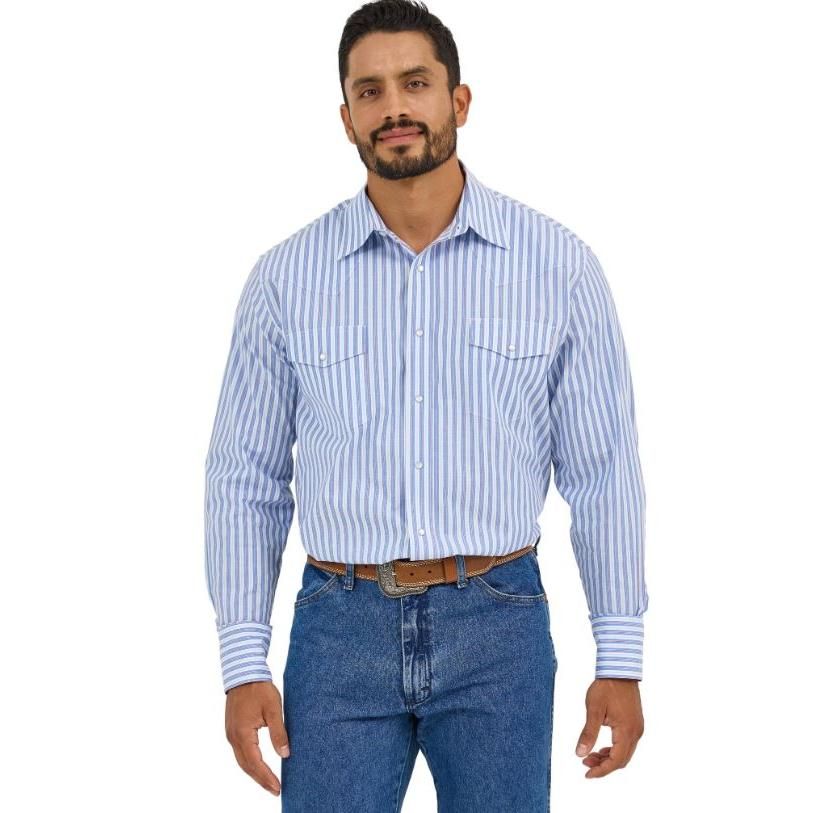 Wrangler Men's Long Sleeve Wrinkle Resistant Classic Fit Striped Shirt-Blue