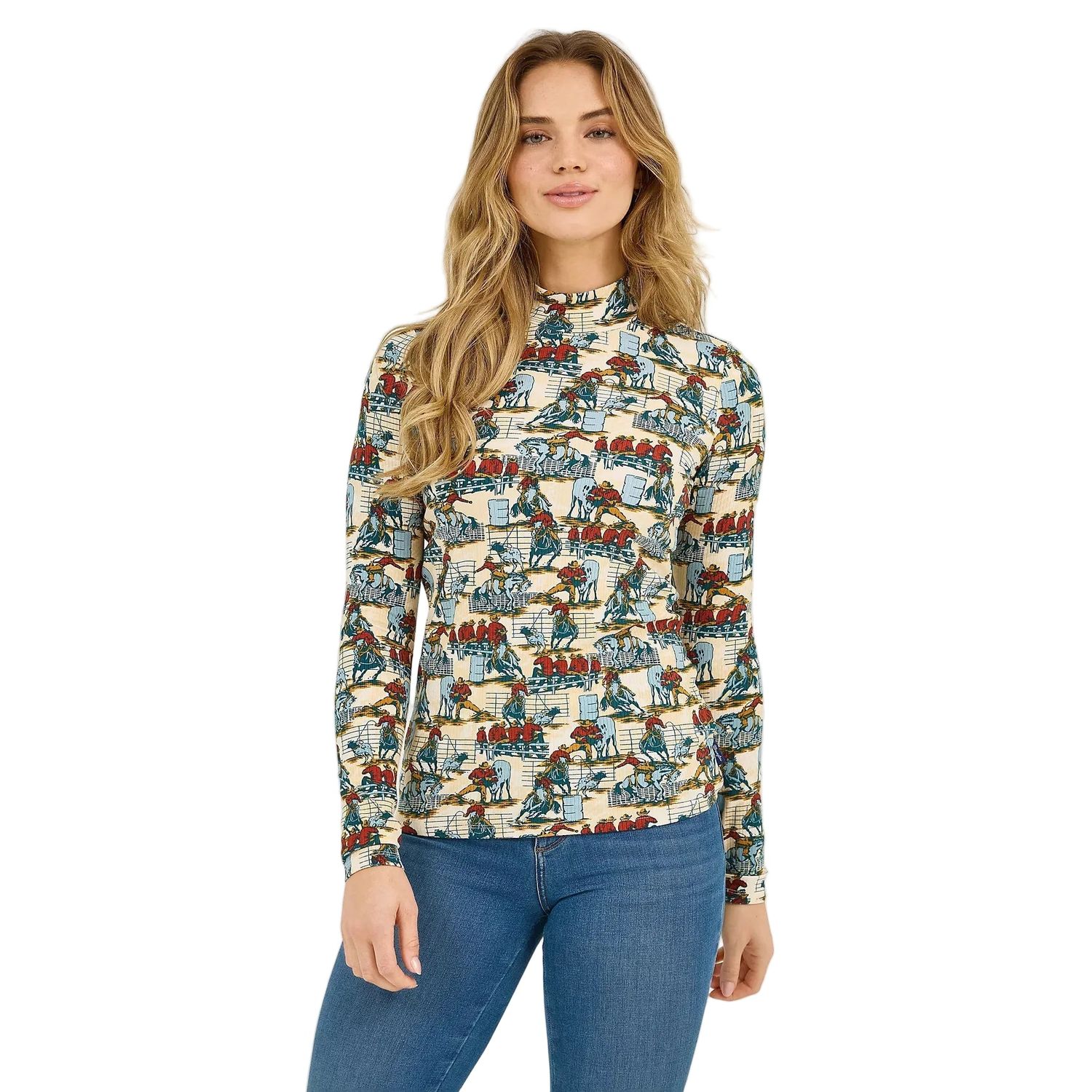 Wrangler Women's Long Sleeve Western Print Mock Neck Tee Shirt - Blue