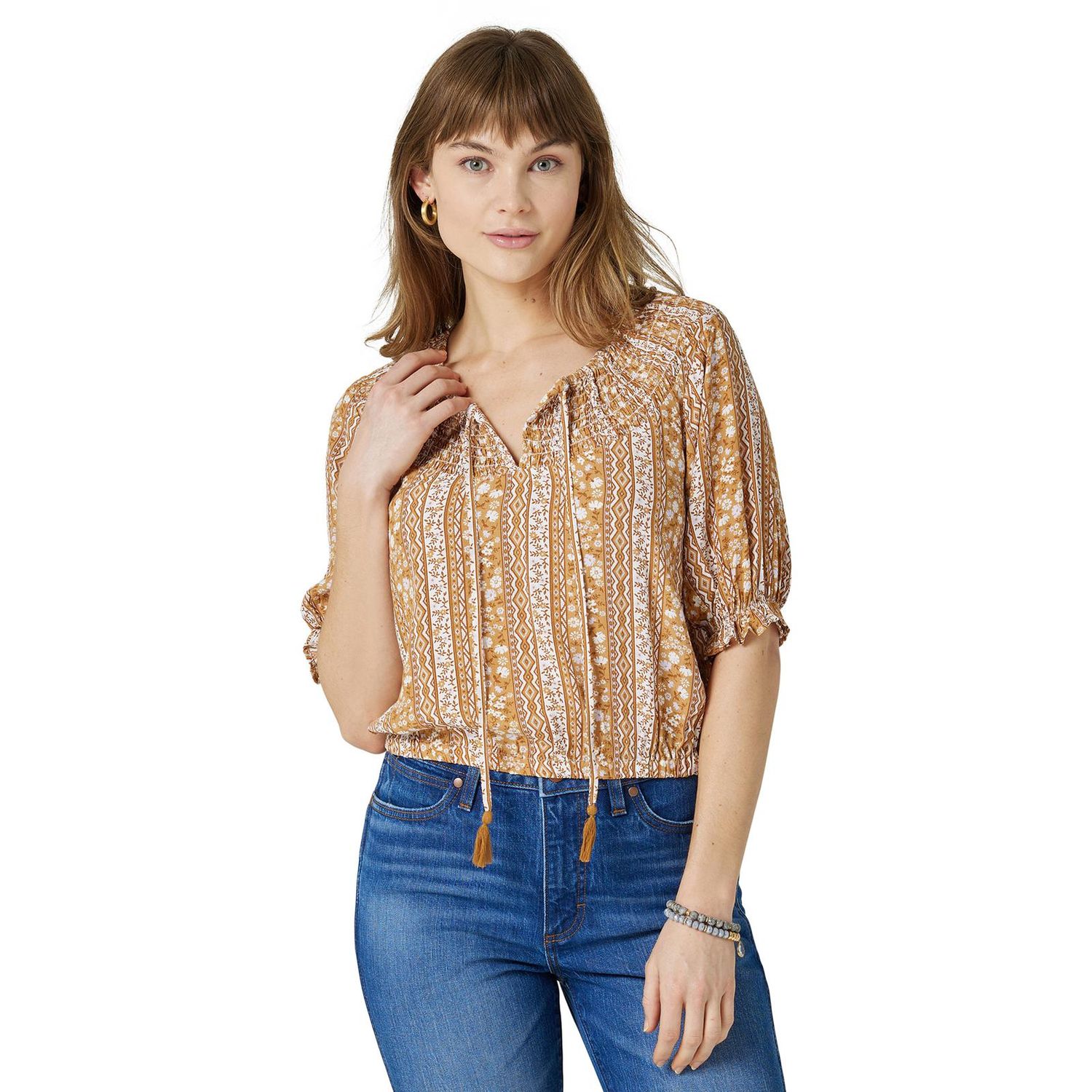 Wrangler Womens Retro Floral Stripe Smocked Blouse - Brown Multi