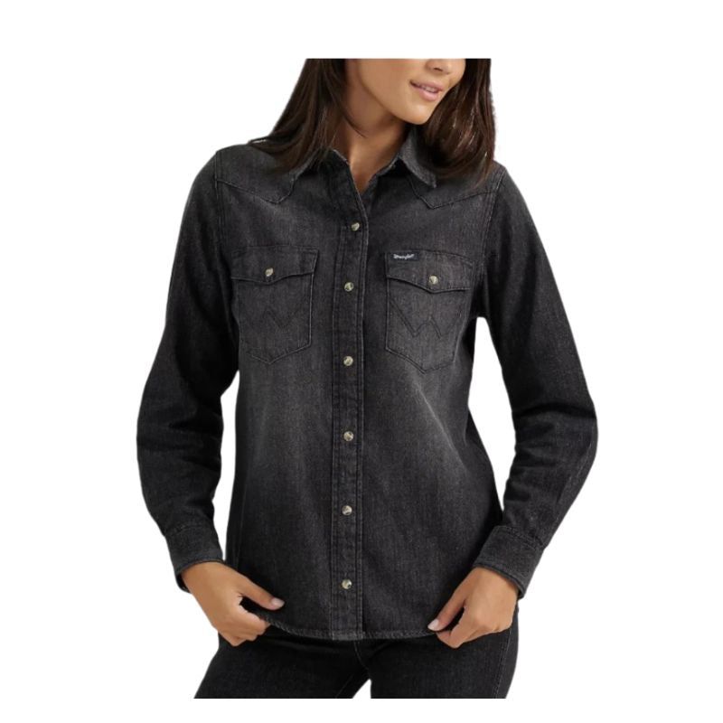 Wrangler Women's Long Sleeve Snap Button Denim Shirt - Black