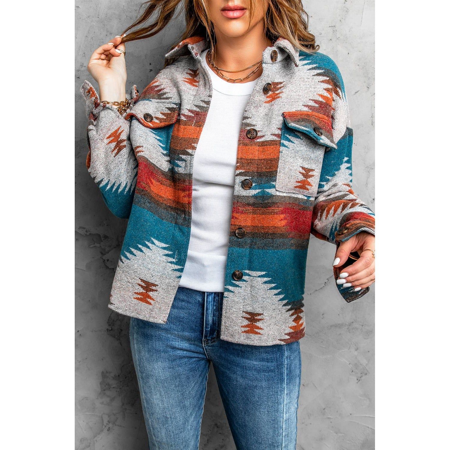 Dear Lover Women's Aztec Print Lapel Button Shirt Jacket - Multi
