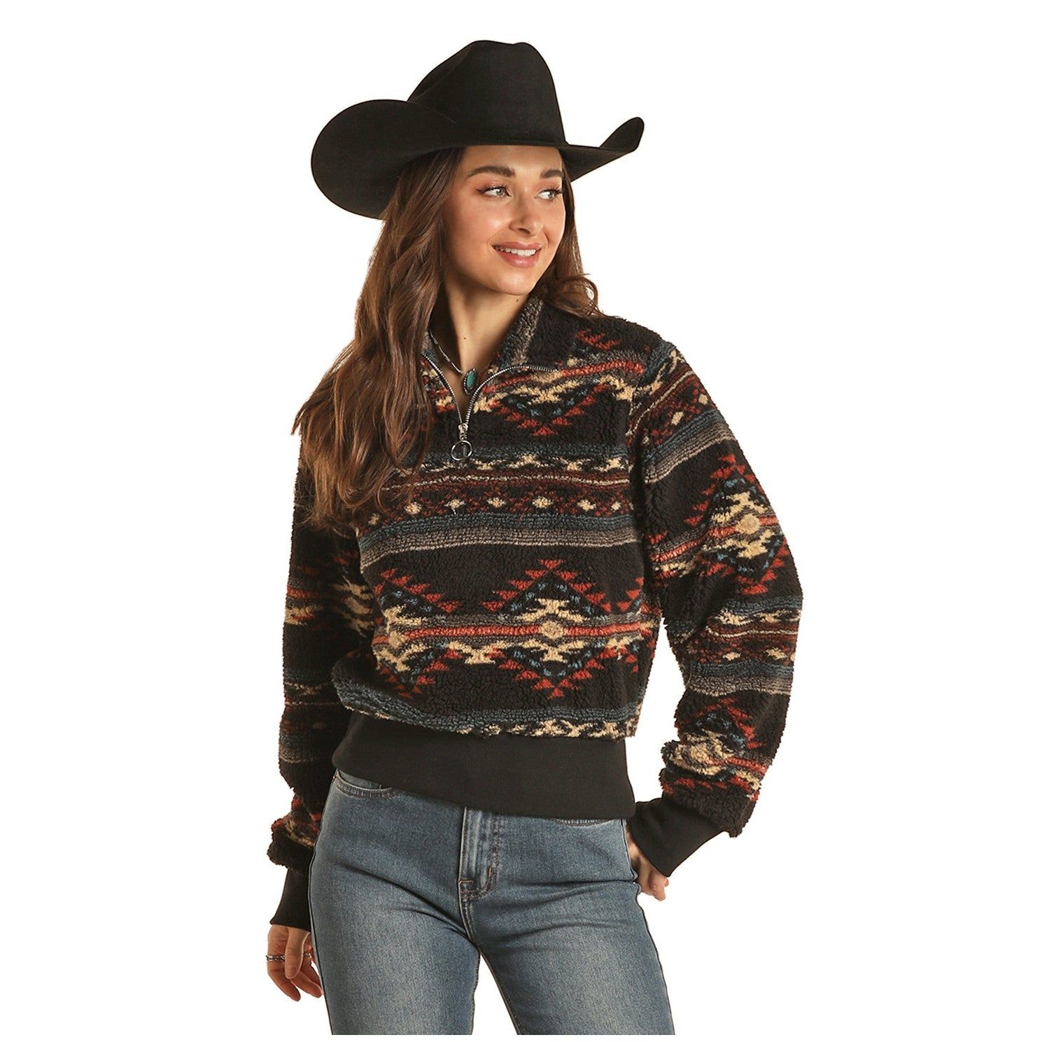 Rock &amp; Roll Women's Zip Pullover w/Print - Black