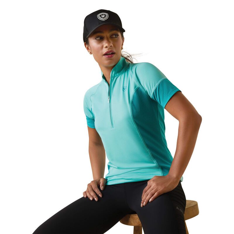Ariat Women's Cambria Jersey 1/4 Zip Baselayer Shirt - Pool Blue/Viridian Green
