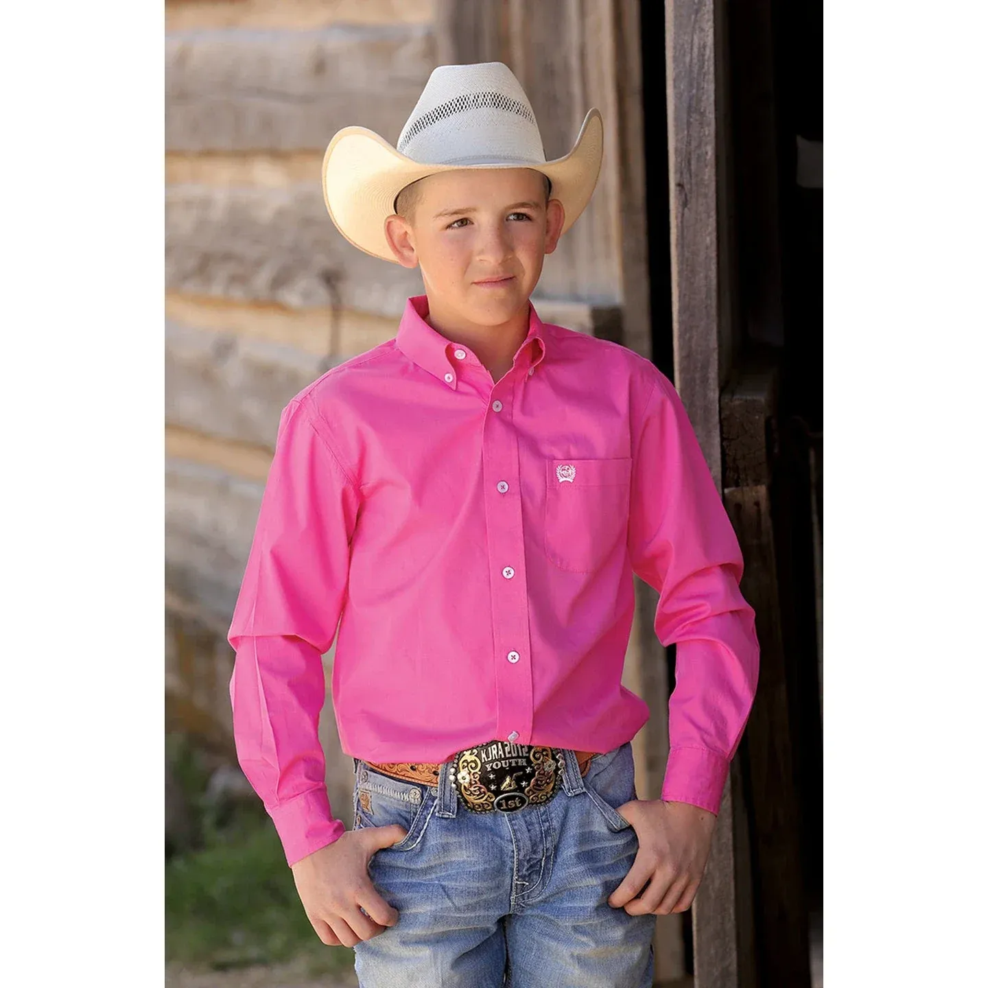 Cinch Boy's Classic Fit Cotton Long Sleeve Shirt - Pink, Size: XS