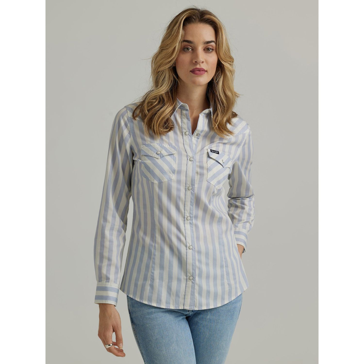 Wrangler Women's Long Sleeve Striped Snap Dress Shirt - Blue