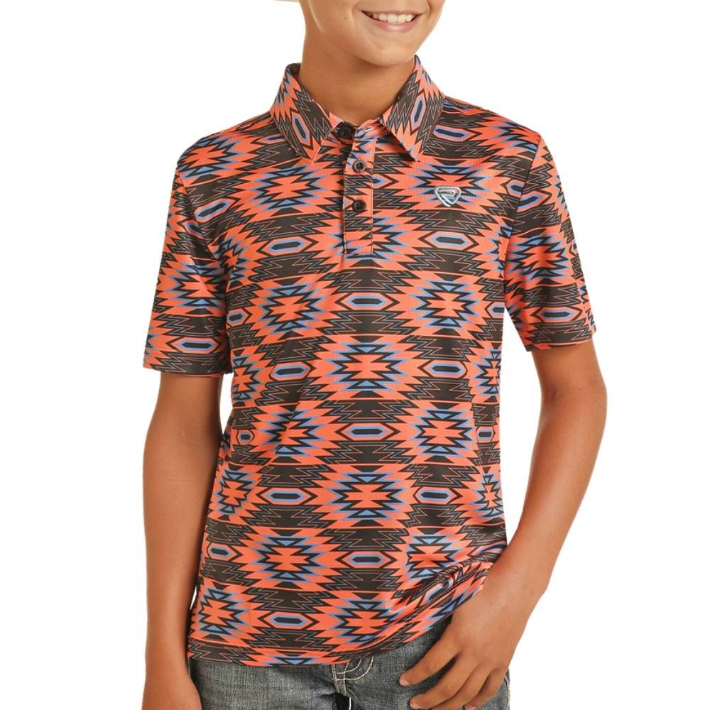 Rock &amp; Roll Boy's Printed Aztec Polo - Orange, Size: XS