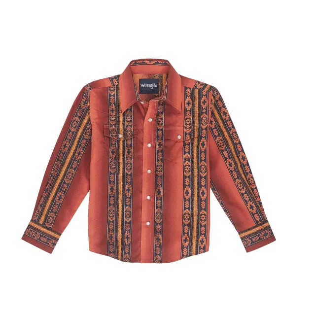 Wrangler Boy's Checotah Long Sleeve Shirt - Rust, Size: XXS