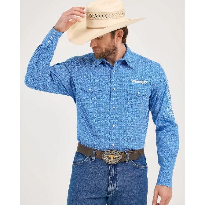 Wrangler Men's Long Sleeve Logo Shirt - Cerulean