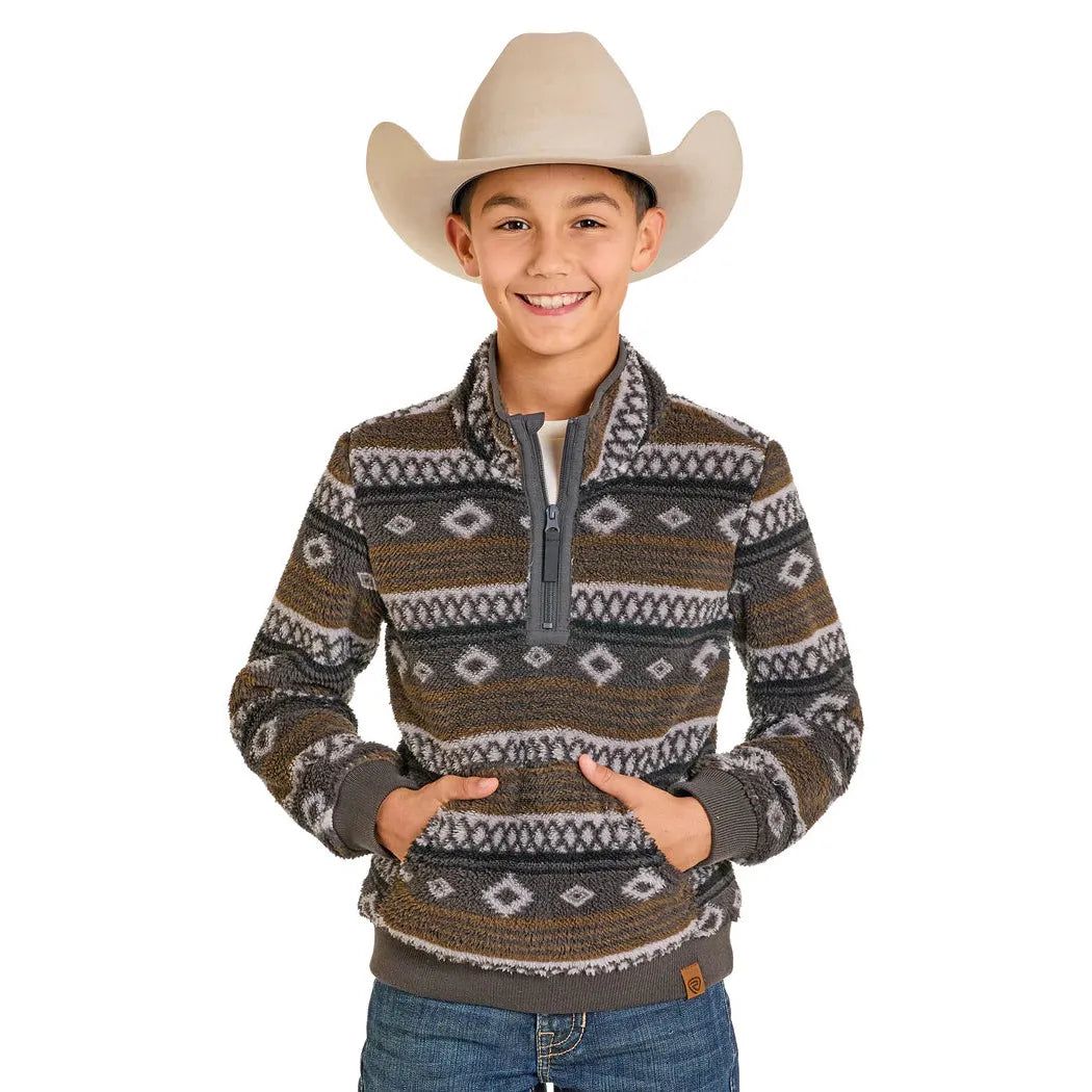 Rock &amp; Roll Boy's Aztec Print Fleece Pullover- Brown